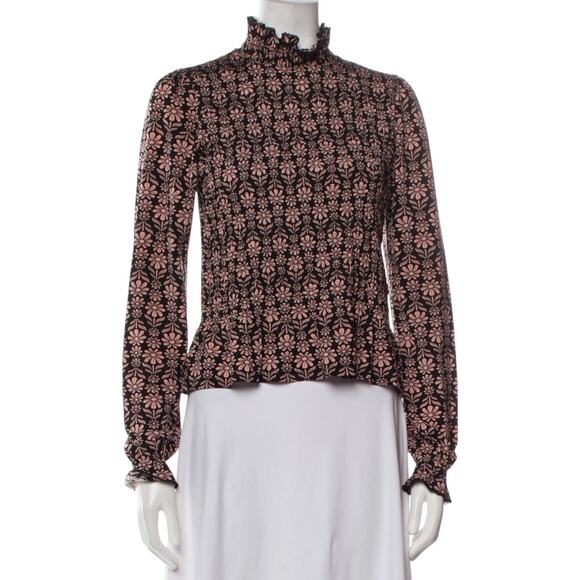 Sandro Black Pink Floral Print Mock Neck Smocked Long Sleeve Blouse Size 2 - Picture 1 of 7